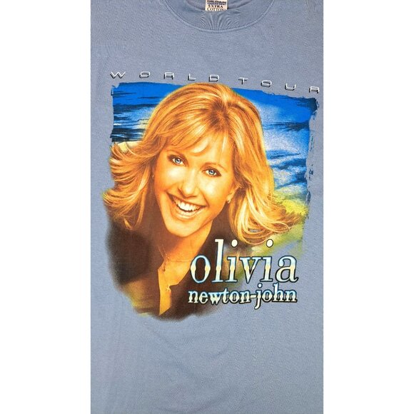 Vintage Olivia Newton-John World Tour T-Shirt Gildan Blue Medium Double Side New - Picture 2 of 5